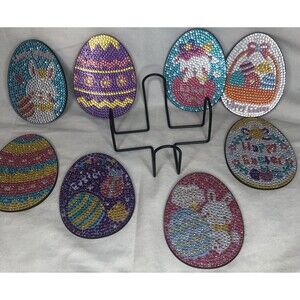 Finished Easter Bunny 🐰 Diamond Art Egg Shaped 8 Pc Wood Coaster Set NEW! CUTE!